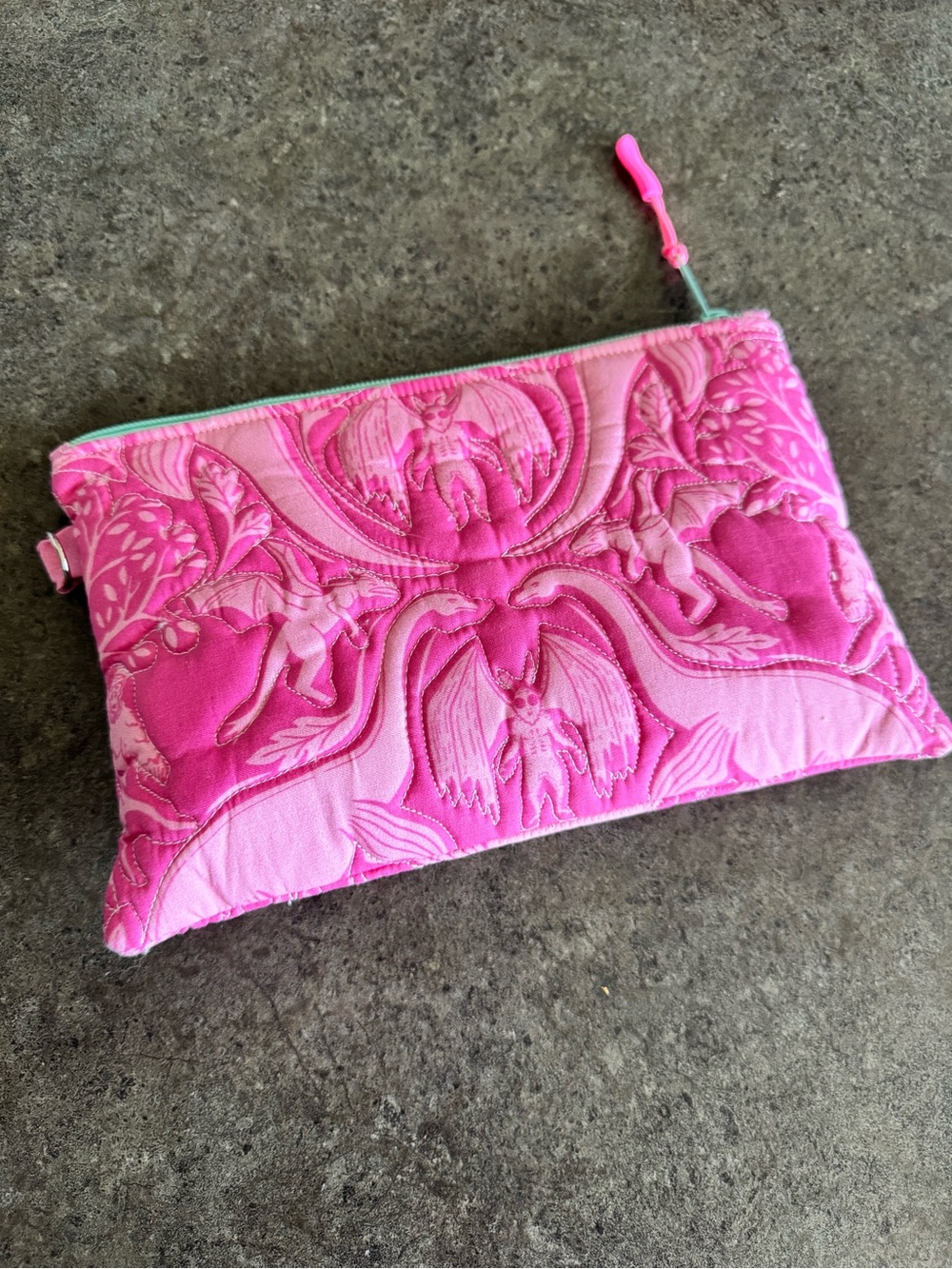 Cryptid Mothman Bigfoot Nessie Quilted Pink Floral Zip Pouch Purse Pencil Makeup